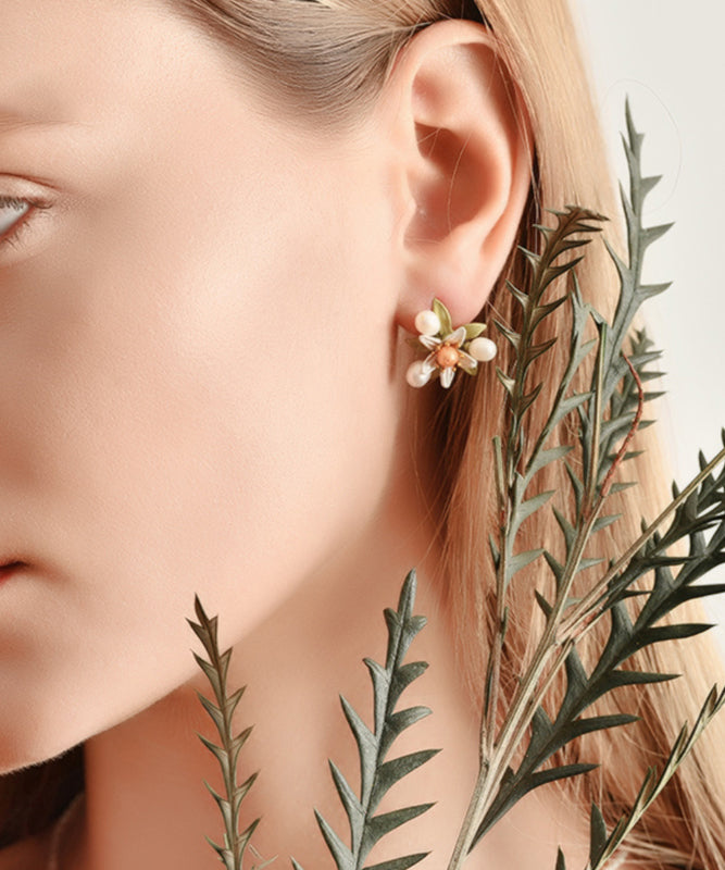 Cute Green Sterling Silver Copper Pearl Enamel Floral Stud Earrings