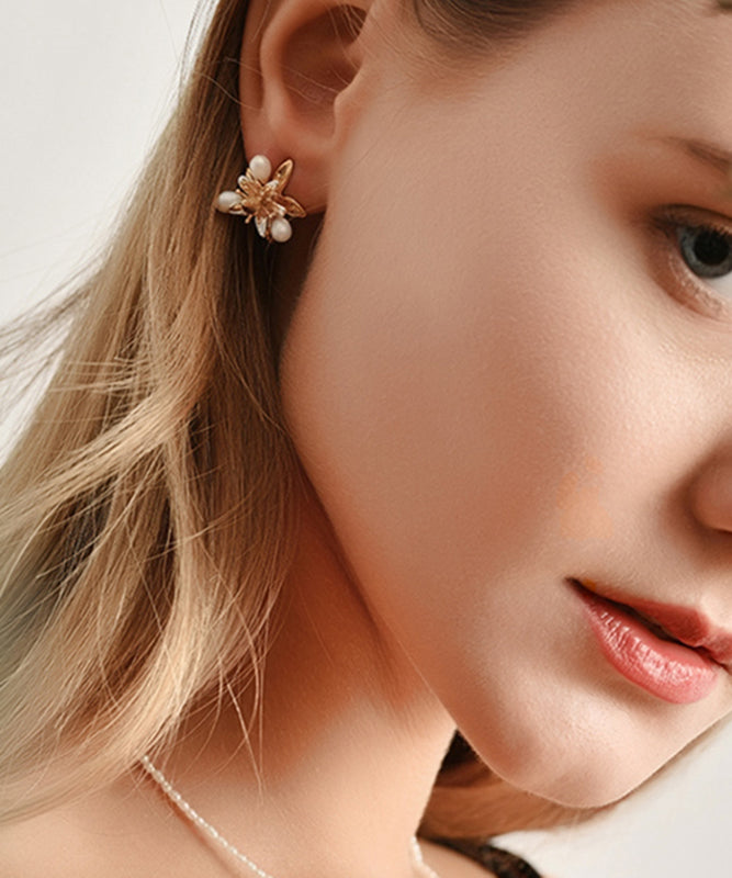 Cute Green Sterling Silver Copper Pearl Enamel Floral Stud Earrings