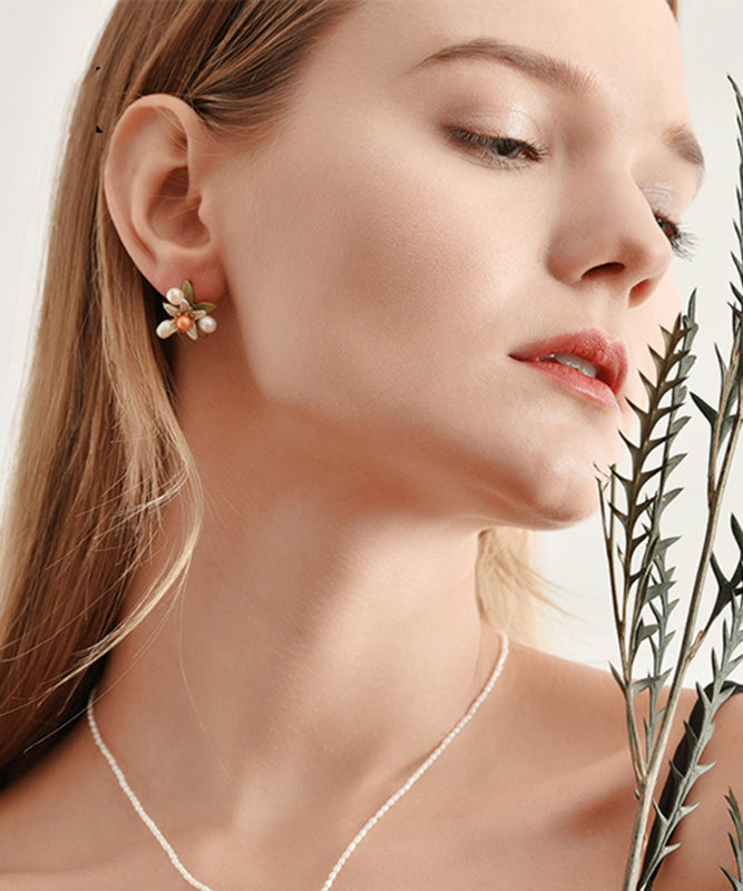 Cute Green Sterling Silver Copper Pearl Enamel Floral Stud Earrings