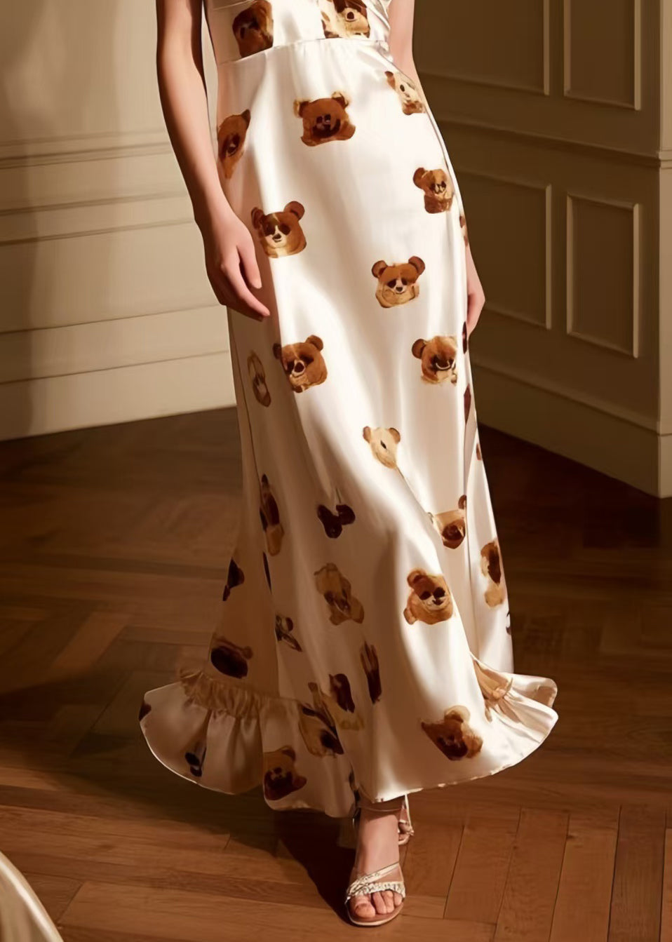 Cute Litter Bear Print Draping Silk Spaghetti Strap Dress Summer