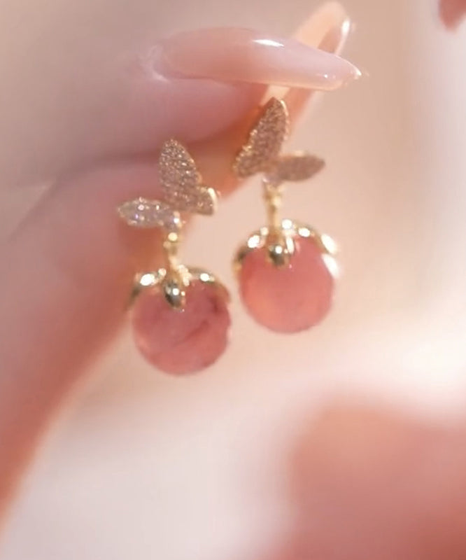 Cute Pink Alloy Zircon Butterfly Cat Eye Stone Stud Earrings