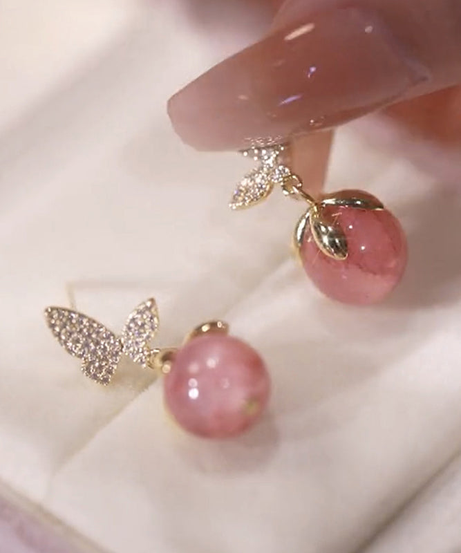 Cute Pink Alloy Zircon Butterfly Cat Eye Stone Stud Earrings