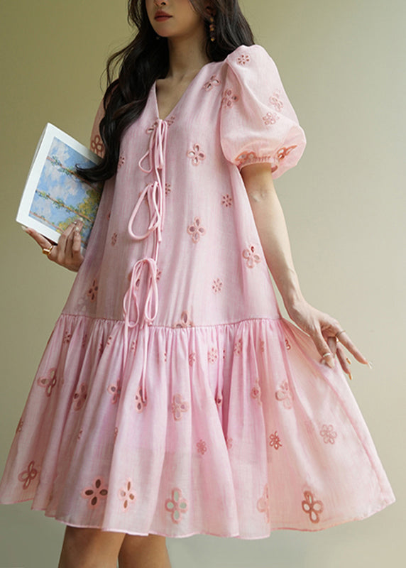 Cute Pink Embroidered Tie Lace Mid Dress Summer