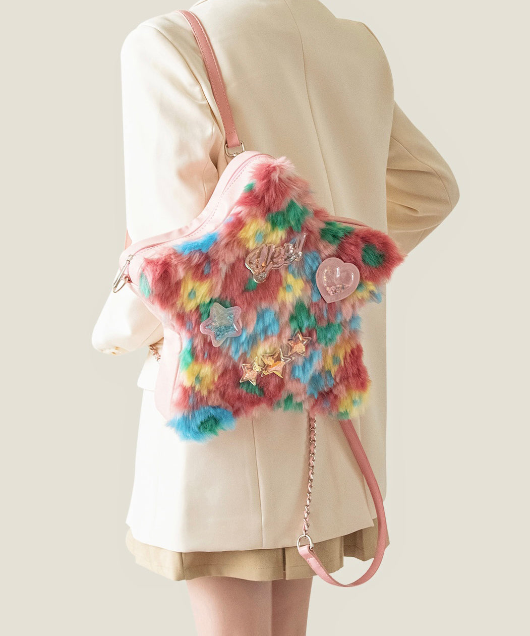 Cute Pink Five-pointed Star Patchwork Faux Fur Girls Backpack Bag