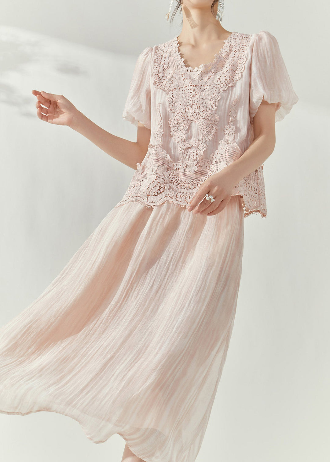 Cute Pink Lace Patchwork Silk Cotton Top And Maxi Skirts Two Pieces Set Puff Sleeve