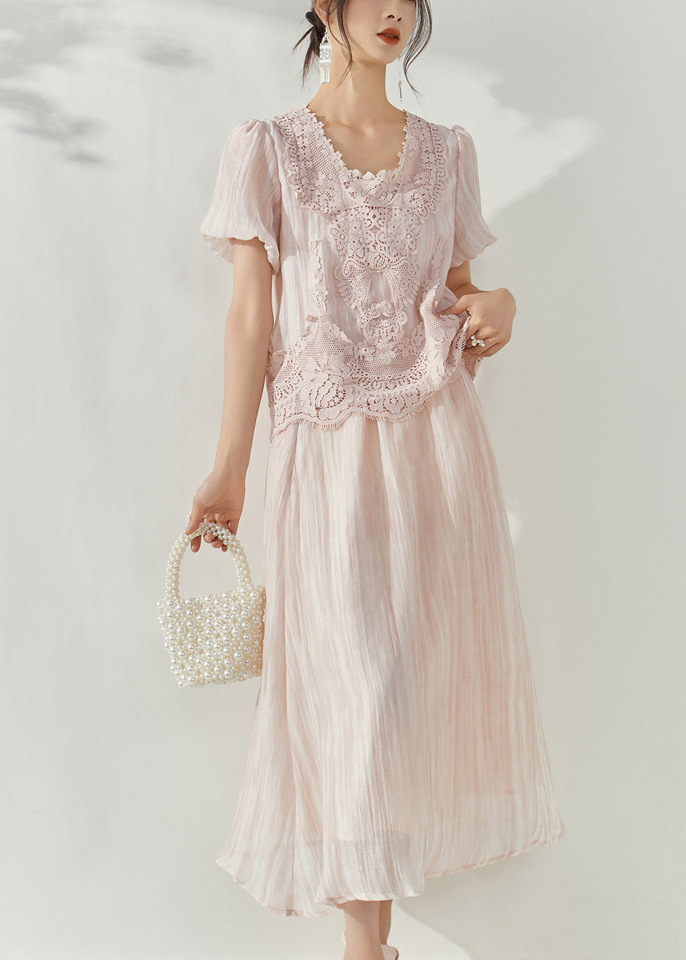 Cute Pink Lace Patchwork Silk Cotton Top And Maxi Skirts Two Pieces Set Puff Sleeve