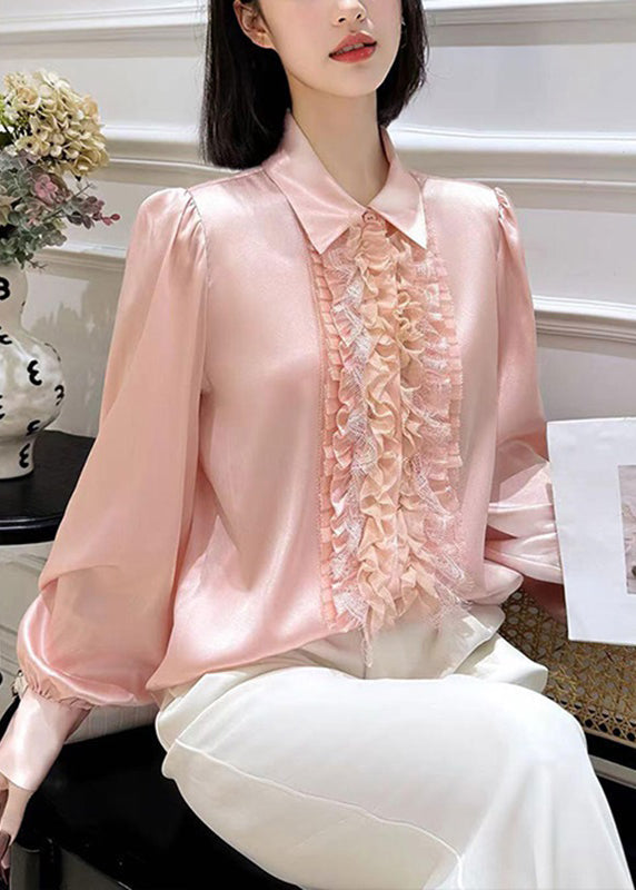 Cute Pink Peter Pan Collar Floral Silk Shirt Lantern Sleeve