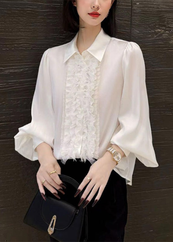 Cute Pink Peter Pan Collar Floral Silk Shirt Lantern Sleeve