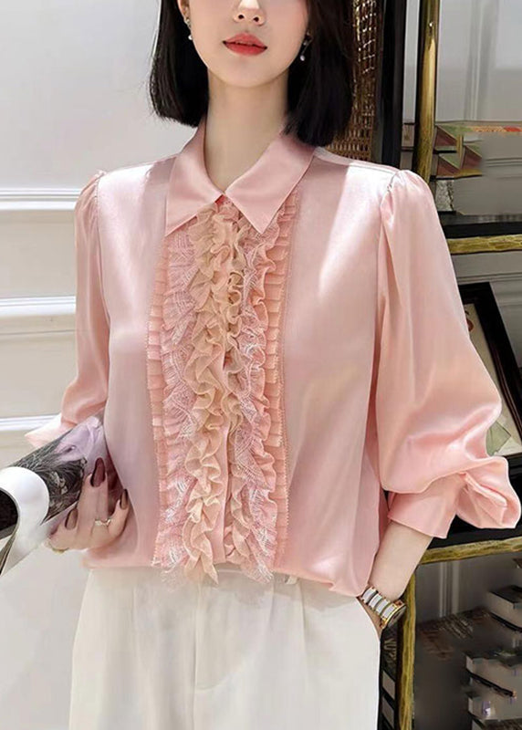 Cute Pink Peter Pan Collar Floral Silk Shirt Lantern Sleeve