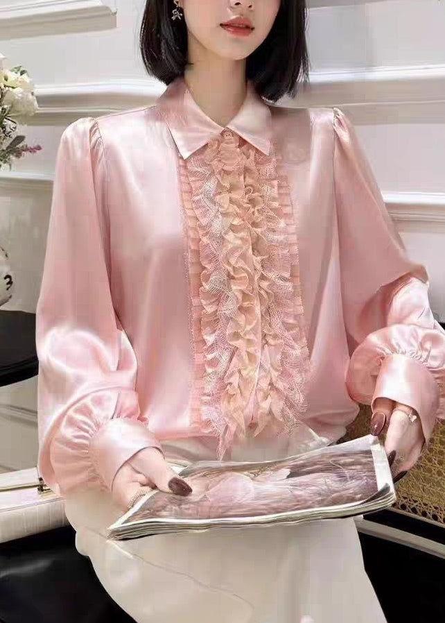 Cute Pink Peter Pan Collar Floral Silk Shirt Lantern Sleeve