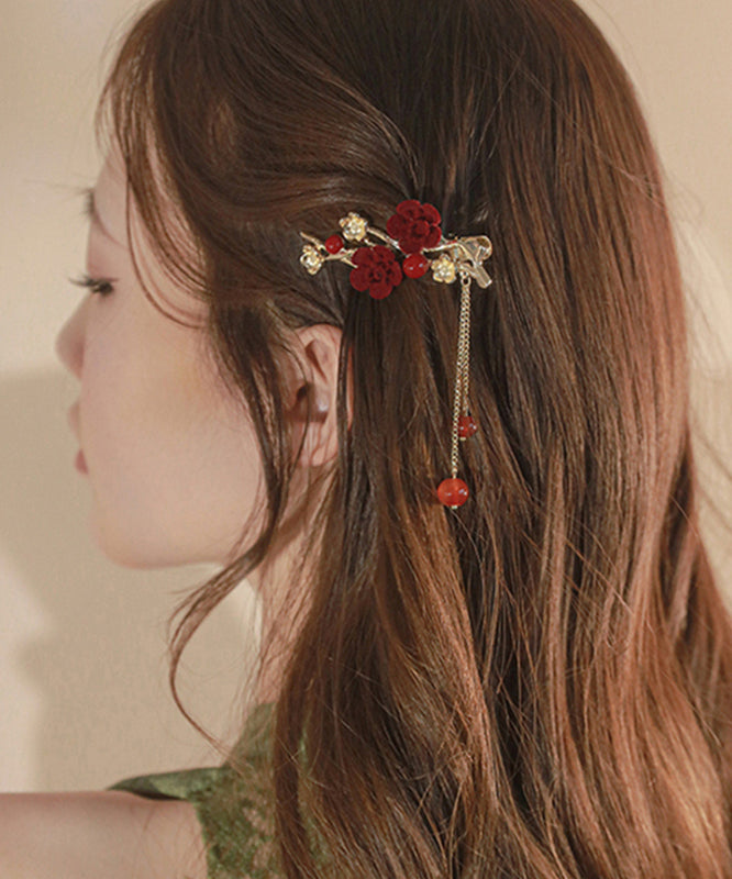 Cute Red Copper Alloy Floral Plum Blossom Tassel Hairpin