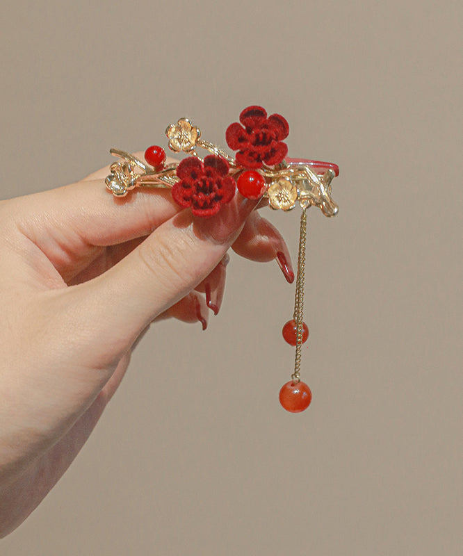 Cute Red Copper Alloy Floral Plum Blossom Tassel Hairpin