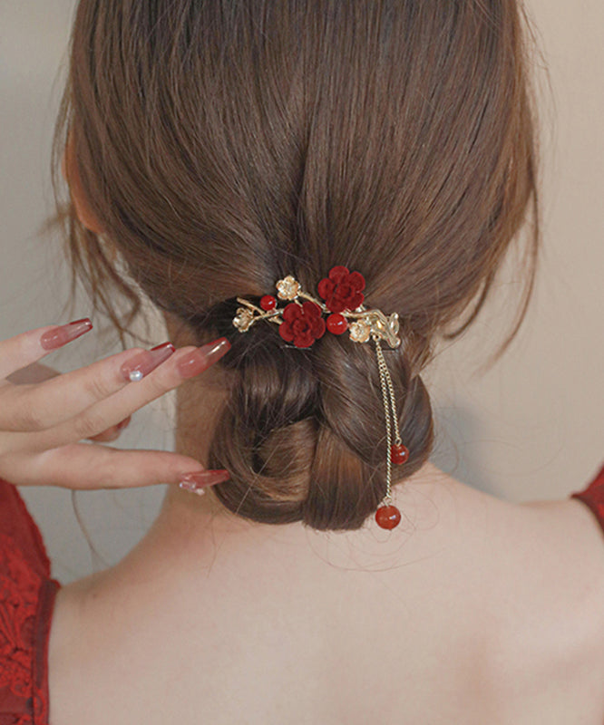 Cute Red Copper Alloy Floral Plum Blossom Tassel Hairpin