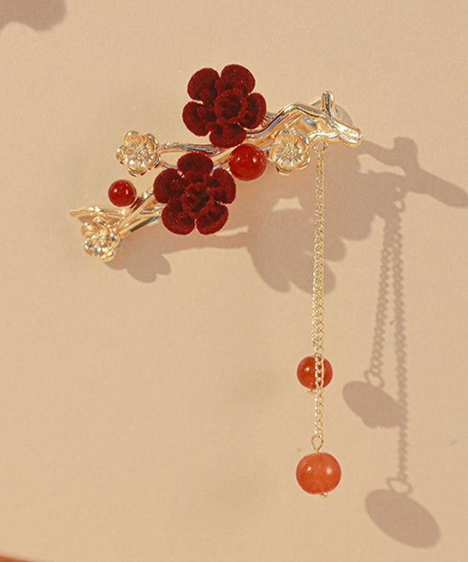 Cute Red Copper Alloy Floral Plum Blossom Tassel Hairpin