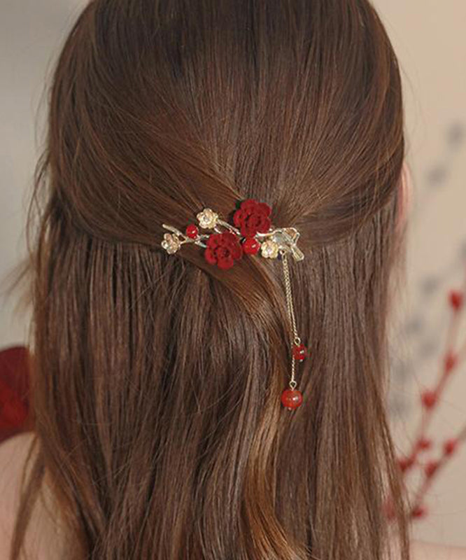 Cute Red Copper Alloy Floral Plum Blossom Tassel Hairpin