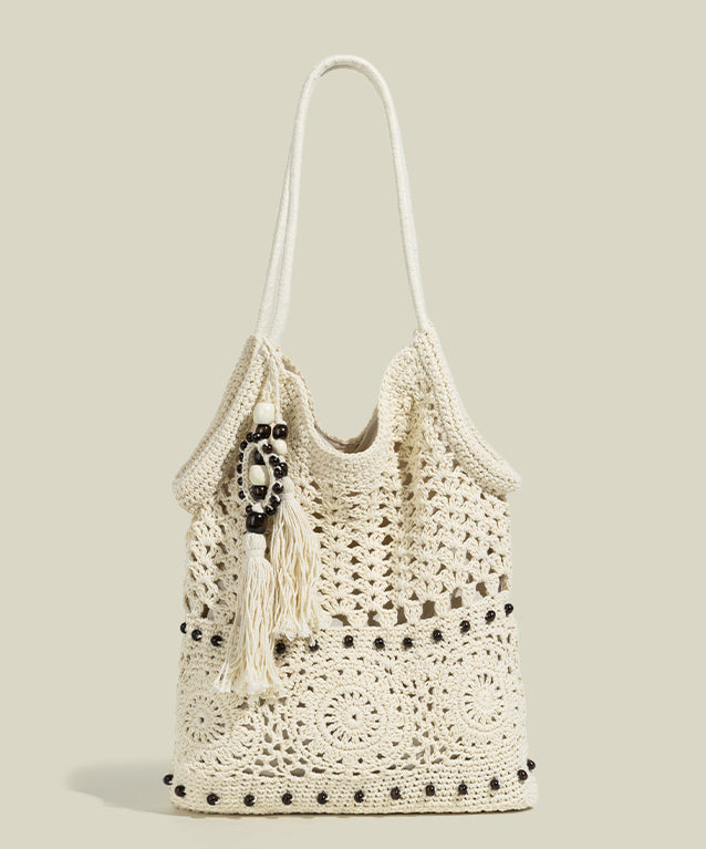 DIY Beige Tasseled Hollow Out Woven Shoulder Bags
