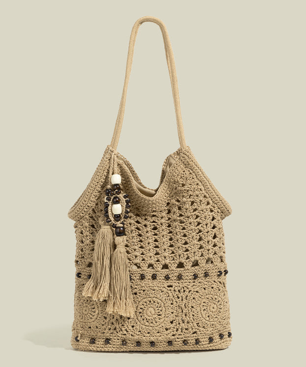 DIY Beige Tasseled Hollow Out Woven Shoulder Bags