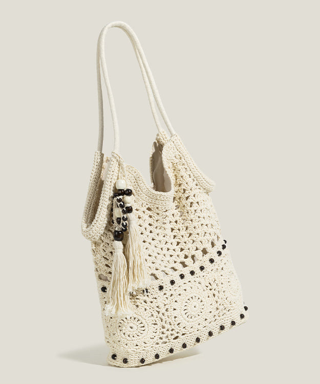 DIY Beige Tasseled Hollow Out Woven Shoulder Bags
