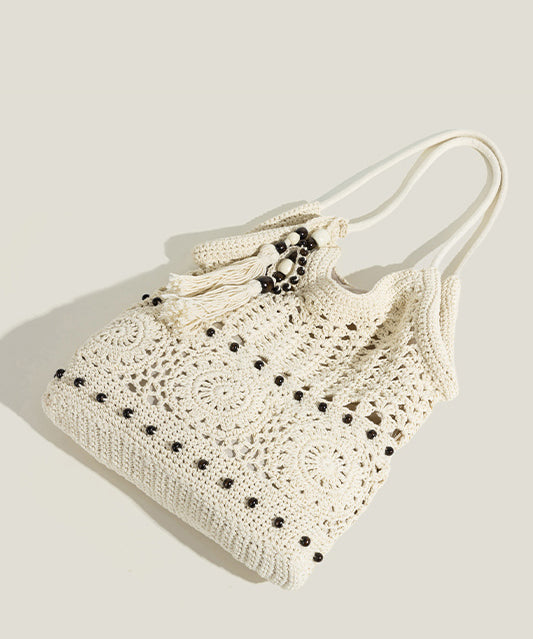 DIY Beige Tasseled Hollow Out Woven Shoulder Bags
