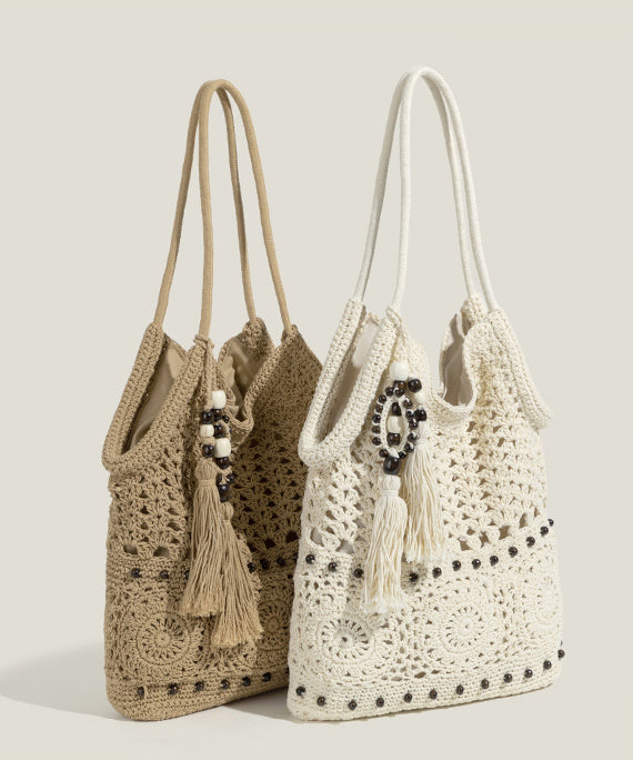 DIY Beige Tasseled Hollow Out Woven Shoulder Bags