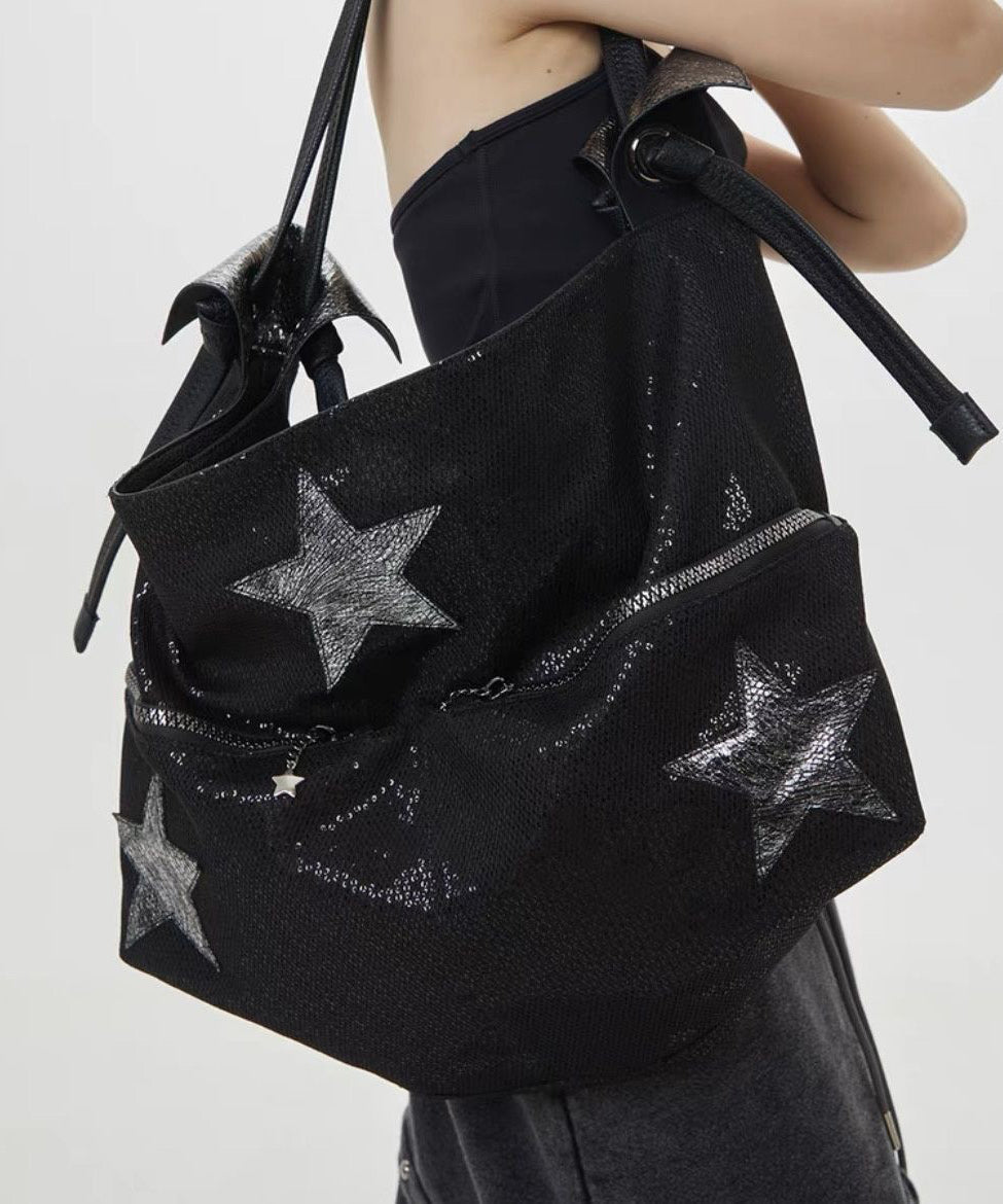 DIY Black Sequins Five-pointed Appliqued Star Shoulder Bags