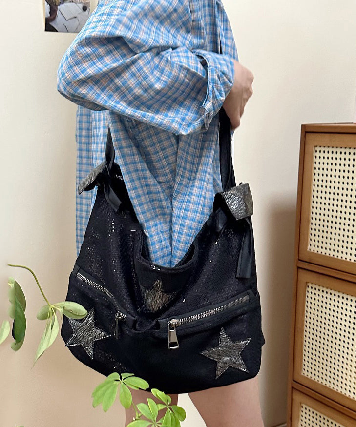 DIY Black Sequins Five-pointed Appliqued Star Shoulder Bags