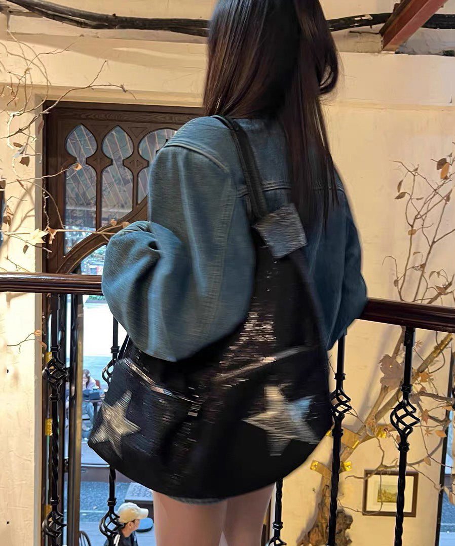 DIY Black Sequins Five-pointed Appliqued Star Shoulder Bags