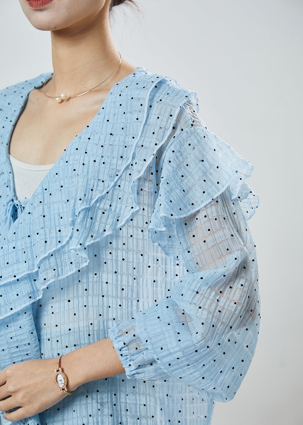 DIY Blue Ruffled Lace Up Chiffon Shirt Spring