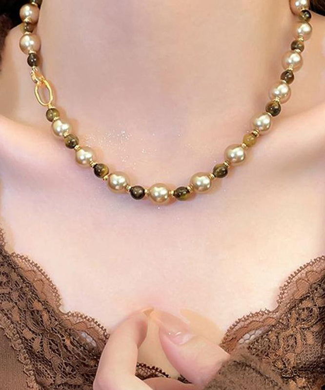 DIY Brown Alloy Tiger Eye Stone Pearl Gratuated Bead Necklace