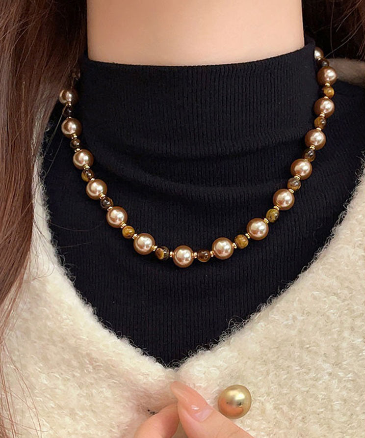 DIY Brown Alloy Tiger Eye Stone Pearl Gratuated Bead Necklace
