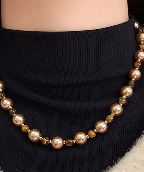 DIY Brown Alloy Tiger Eye Stone Pearl Gratuated Bead Necklace