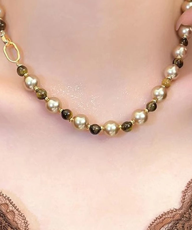 DIY Brown Alloy Tiger Eye Stone Pearl Gratuated Bead Necklace