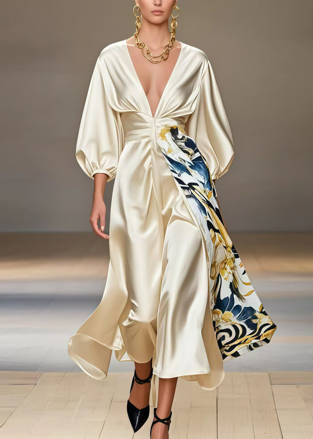 DIY Champagne Deep-V Neck Print Silk Party Dresses Bracelet Sleeve