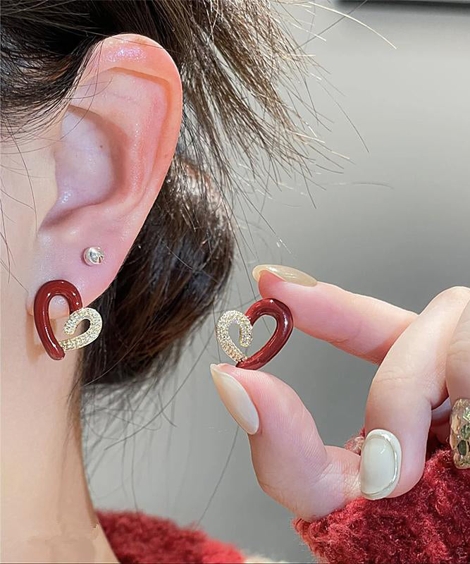 DIY Colorblock Asymmetric Copper Overgild Zircon Love Stud Earrings