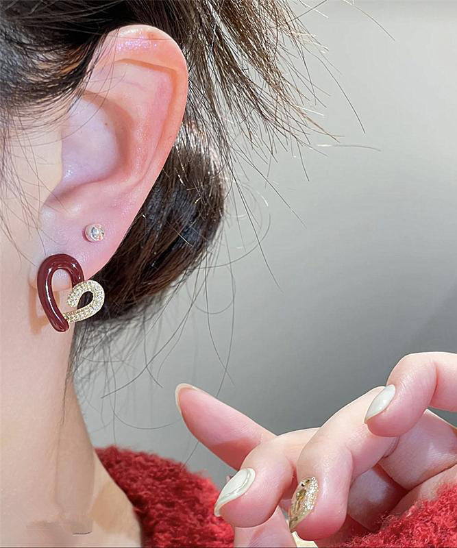 DIY Colorblock Asymmetric Copper Overgild Zircon Love Stud Earrings