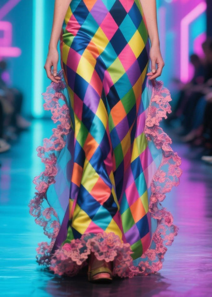 DIY Colorblock Plaid Patchwork Lace Silk Vestidos Dress Summer