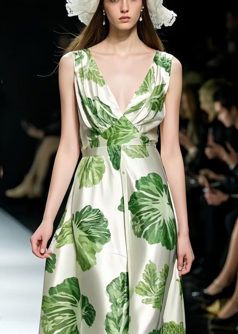 DIY Green Print Exra Large Hem Silk Maxi Dresses Summer