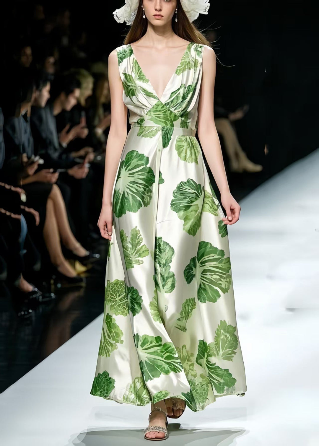 DIY Green Print Exra Large Hem Silk Maxi Dresses Summer