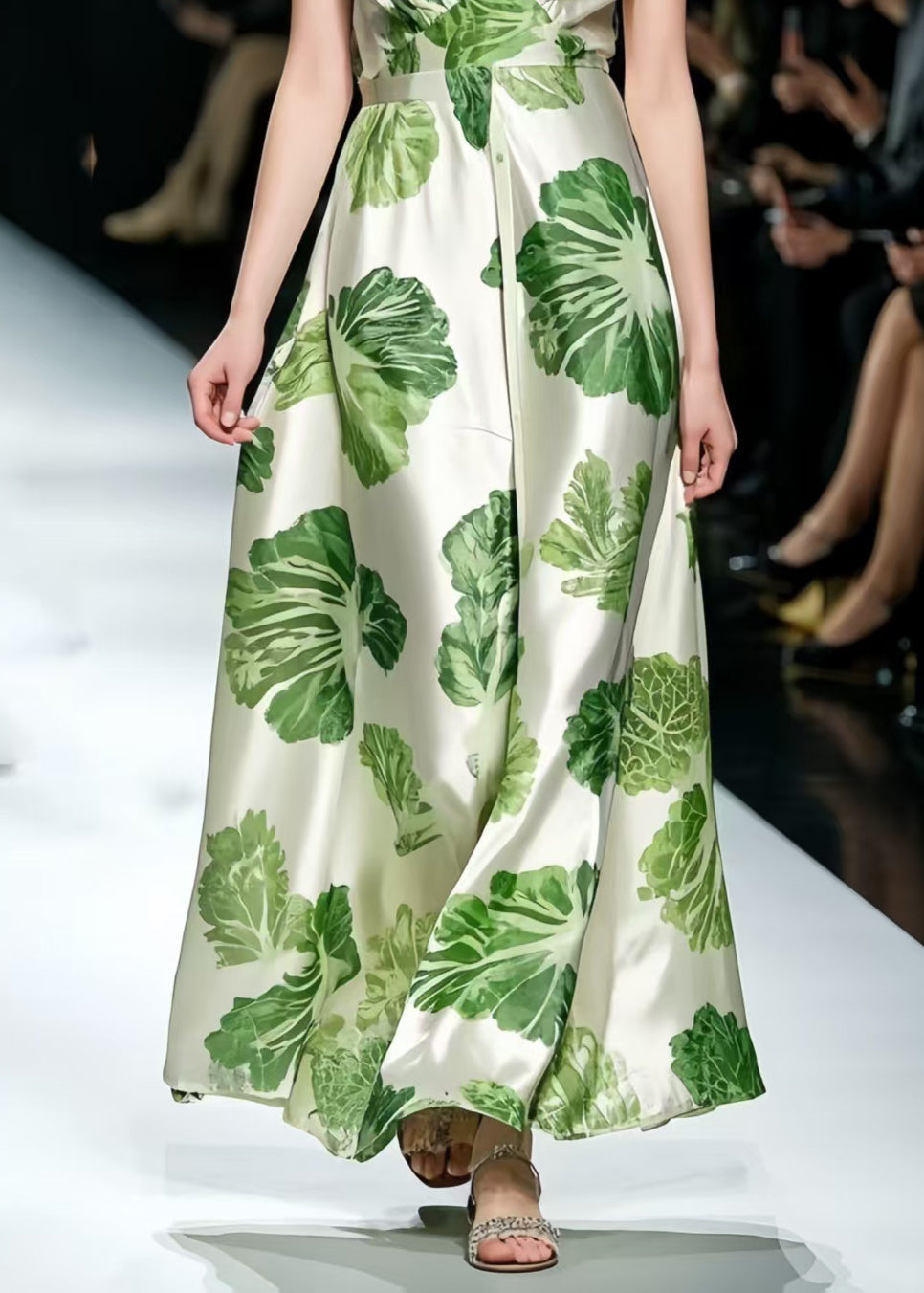 DIY Green Print Exra Large Hem Silk Maxi Dresses Summer