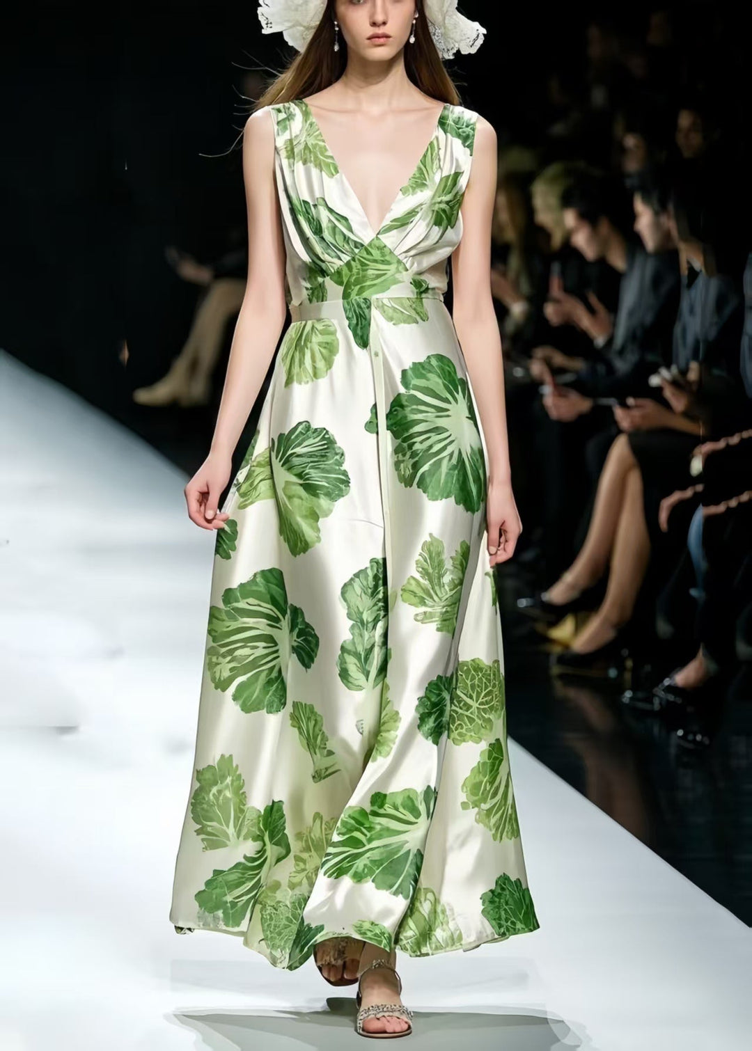 DIY Green Print Exra Large Hem Silk Maxi Dresses Summer