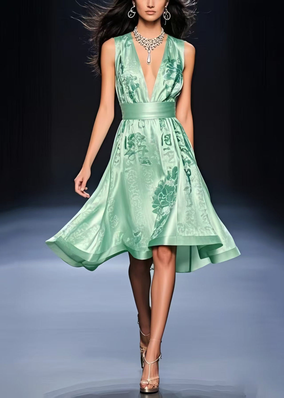 DIY Lake Green Deep-V Neck Cinched Silk Tea Dress Summer