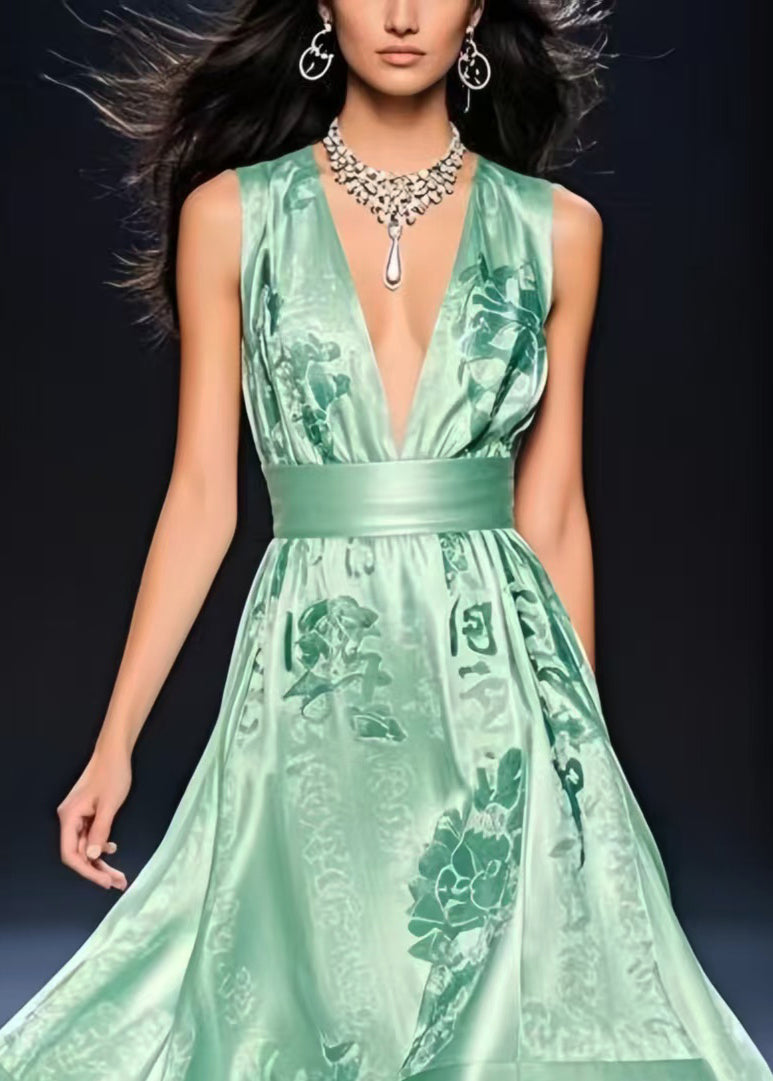 DIY Lake Green Deep-V Neck Cinched Silk Tea Dress Summer