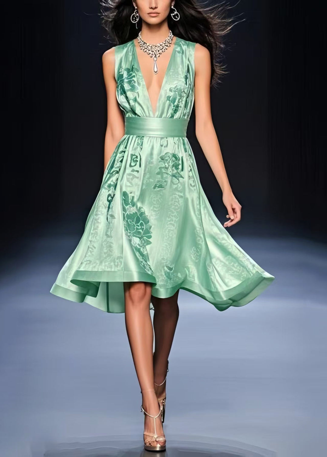 DIY Lake Green Deep-V Neck Cinched Silk Tea Dress Summer