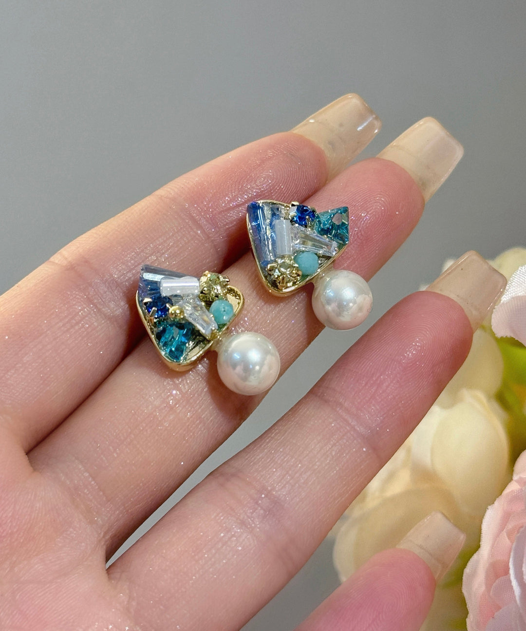 DIY Light Blue Copper Overgild Zircon Crystal Stud Earrings