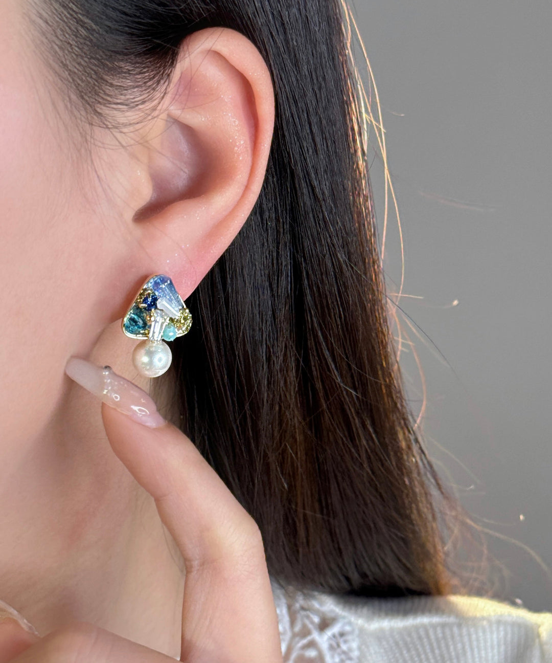 DIY Light Blue Copper Overgild Zircon Crystal Stud Earrings