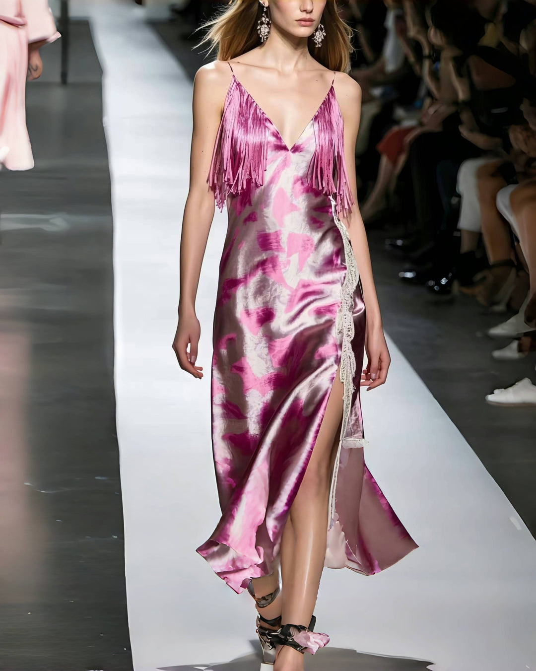 DIY Rose Tasseled Tie Dye Silk Mini Dress Summer