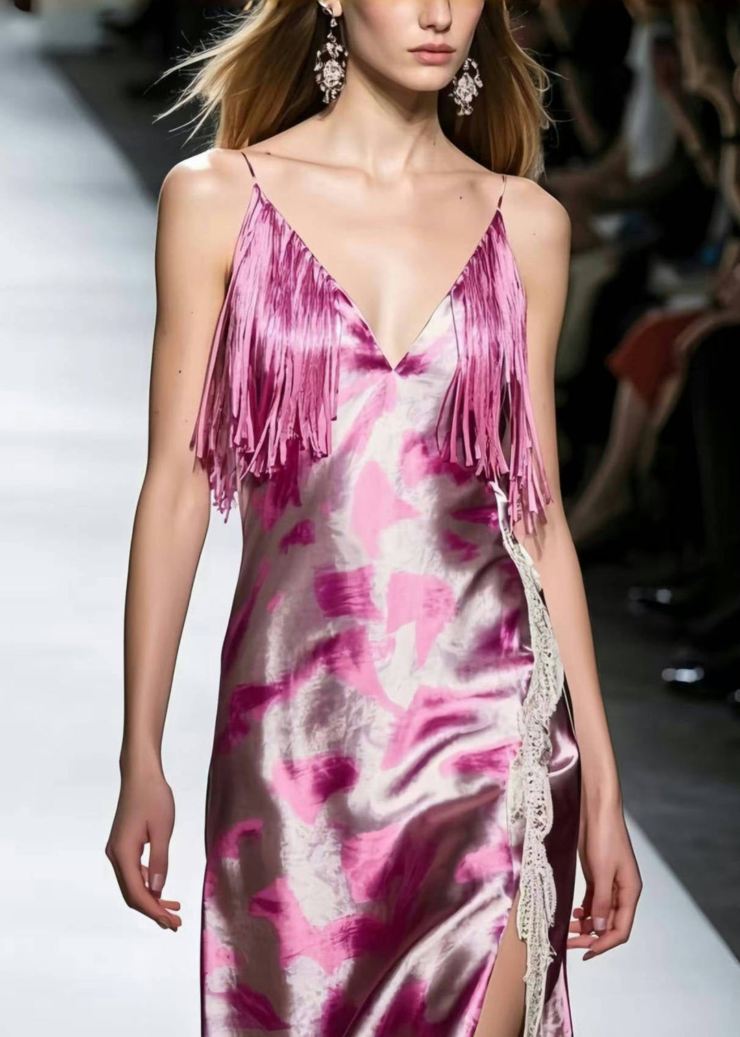 DIY Rose Tasseled Tie Dye Silk Mini Dress Summer