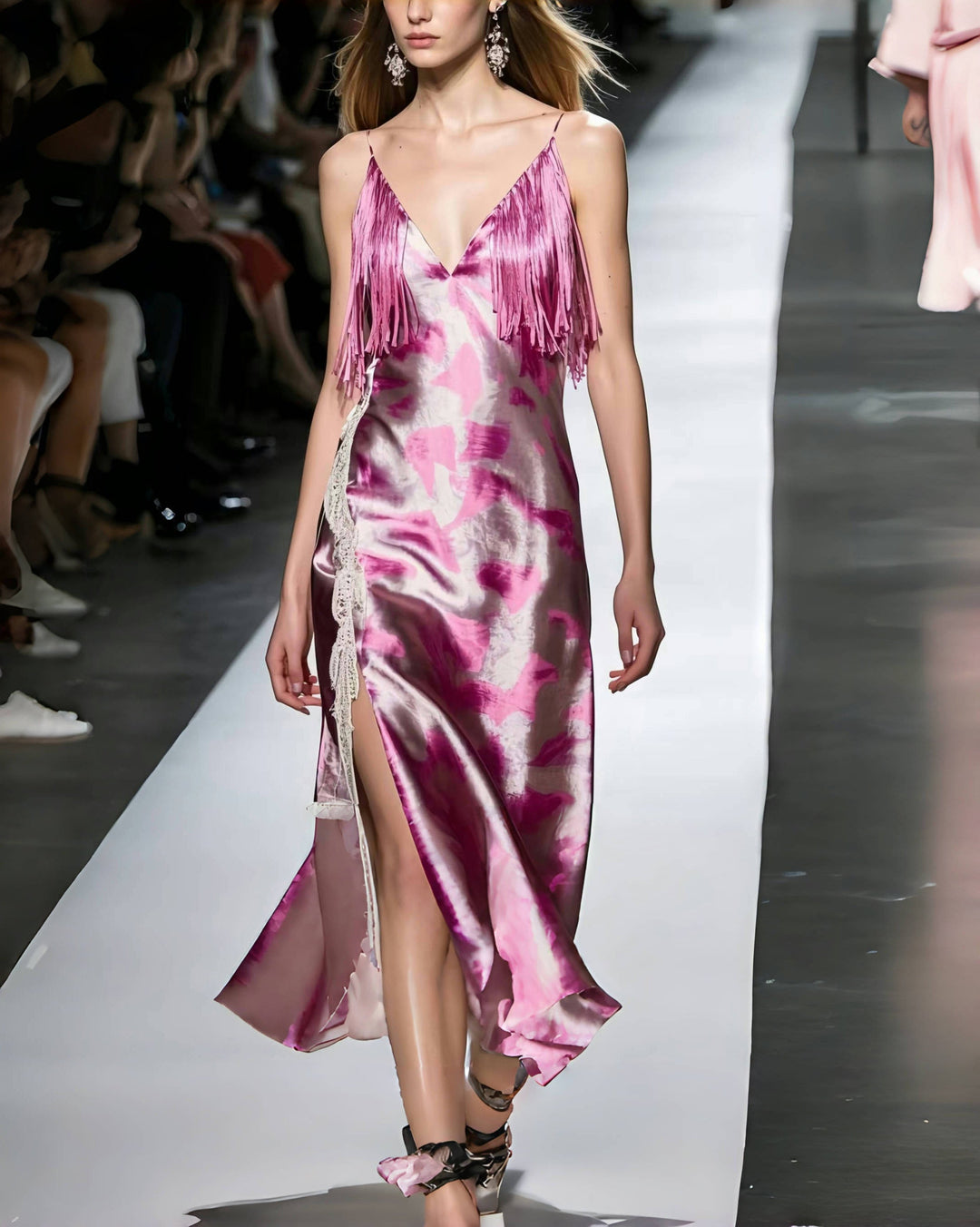 DIY Rose Tasseled Tie Dye Silk Mini Dress Summer