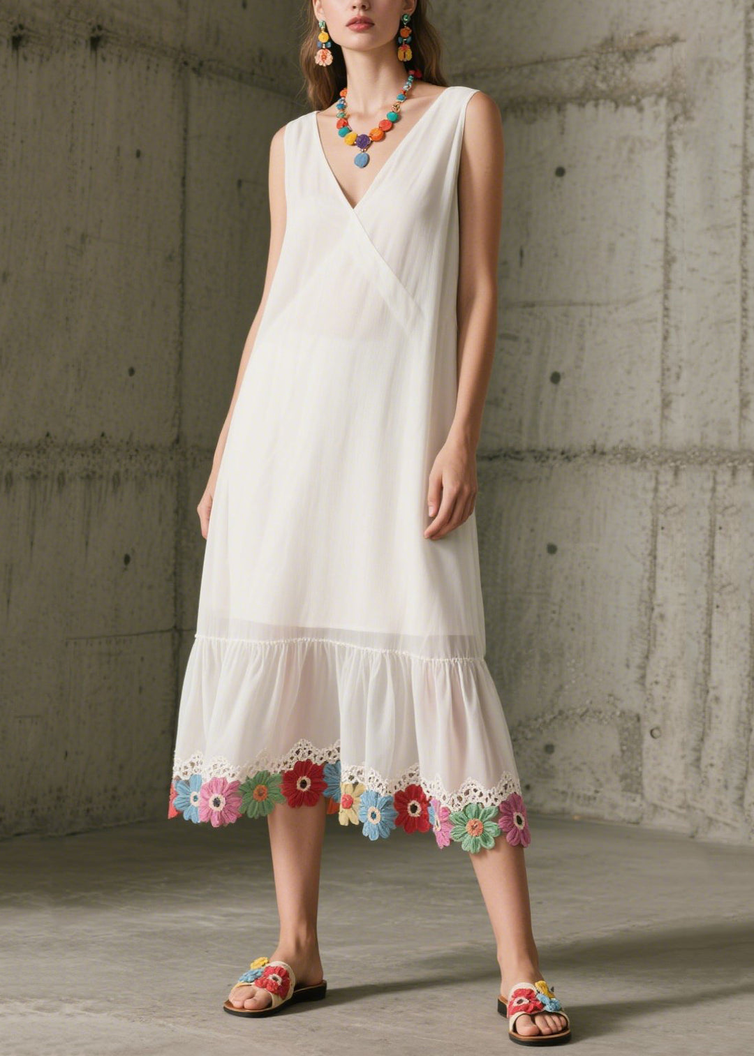 DIY White V Neck Patchwork Lace Chiffon Maxi Dresses Sleeveless