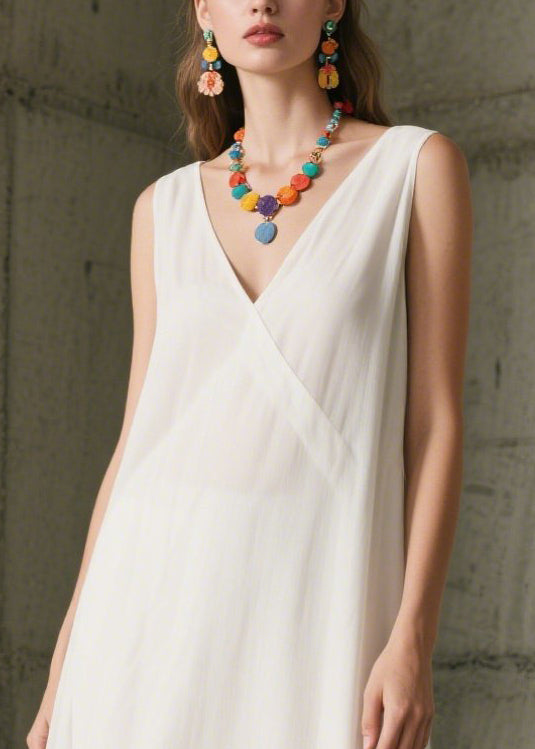 DIY White V Neck Patchwork Lace Chiffon Maxi Dresses Sleeveless
